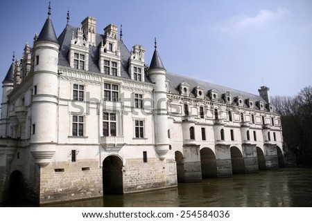 Panoramic view of Chenonceaux Castle, in the Loire area, France  Royalty-Free Stock Photo #254584036