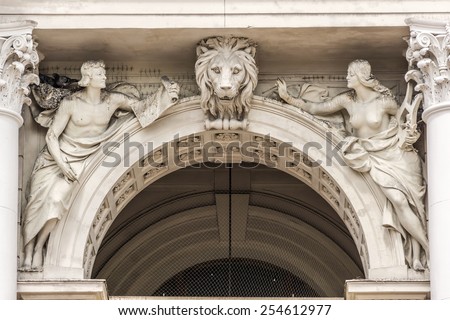 Sculptures on facade of Lviv State Academic Opera and Ballet Theatre. Theatre was built in classical tradition of Renaissance and Baroque architecture (Viennese neo-Renaissance style). Ukraine. Royalty-Free Stock Photo #254612977