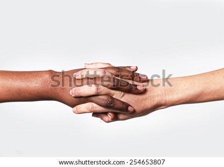 white Caucasian female hands and black African American holding fingers together in world unity and racial love and understanding in tolerance and races diversity cooperation concept isolated close up Royalty-Free Stock Photo #254653807