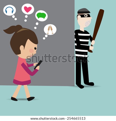 Girl walking on street use the smart-phone and the thief wait her on the corner 