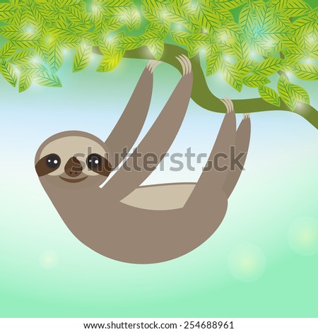 Three-toed sloth on green branch. Vector 