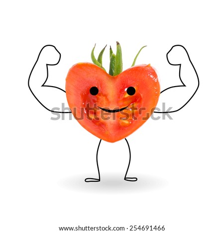 Happy cartoon strong and smiling. Heart tomato shaped cut in half making a power gesture. Concept about health care.