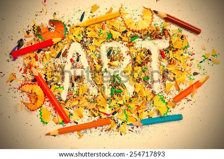 colored pencils and inscription Art on multicolored chips. instagram image retro style