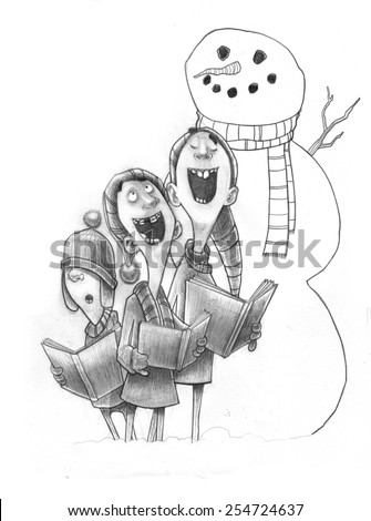 Funny Black and White Full Illustrations of 3 Singing Christmas Carolers Cute Different Kids by a Happy Cute Snowman on a Winter Holiday