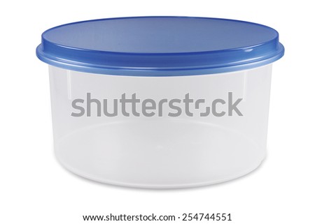 Empty food plastic container with blue lid isolated on white Royalty-Free Stock Photo #254744551