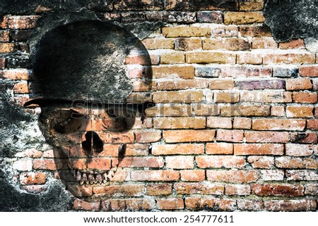 Soldier skull on cracked concrete and grunge brick wall