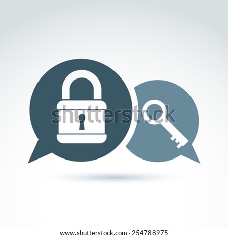Vector monochrome speech bubble with a key and a padlock isolated on white background. Conversation on protection theme.