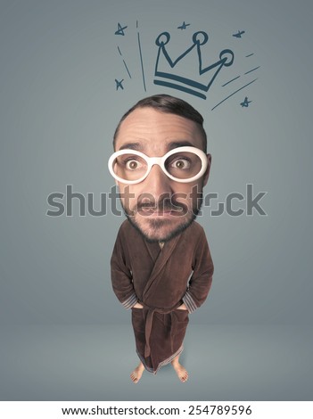 Funny guy with big head and drawn crown over it 