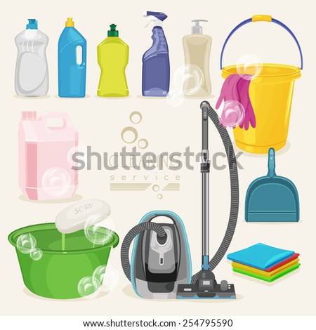 Cleaning kit icons. Supplies. Vector illustration.