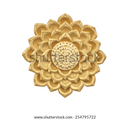 Golden lotus wood carving on white background