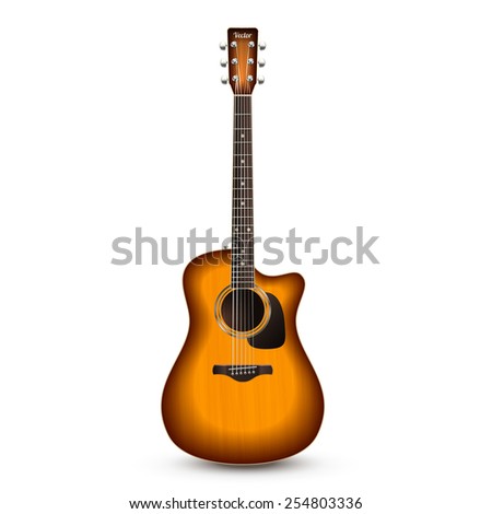 Realistic wooden acoustic guitar isolated on white background vector illustration