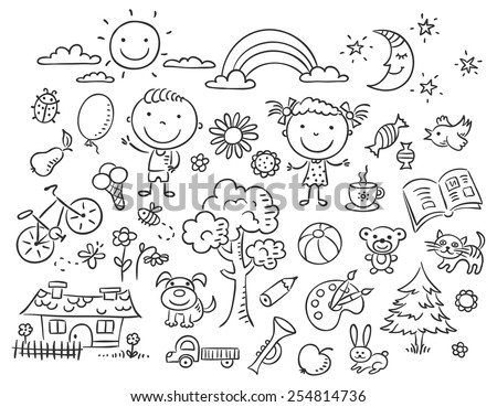 Doodle set of objects from a child's life, black and white outline