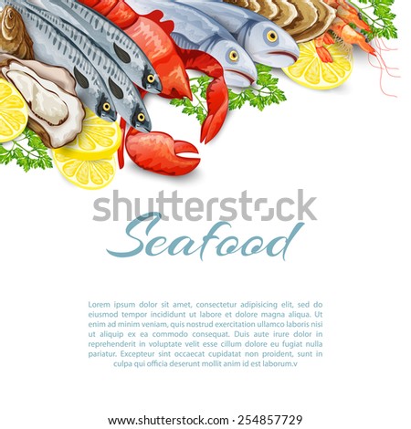 Seafood products background with salmon shrimp crab shellfish mollusk vector illustration