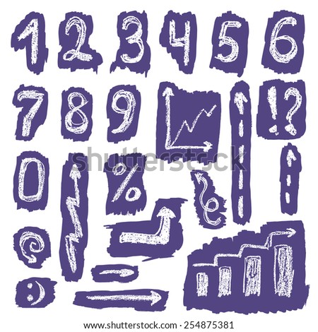 A set of numerals and some other elements drawn in sketch style with grunge chalk texture