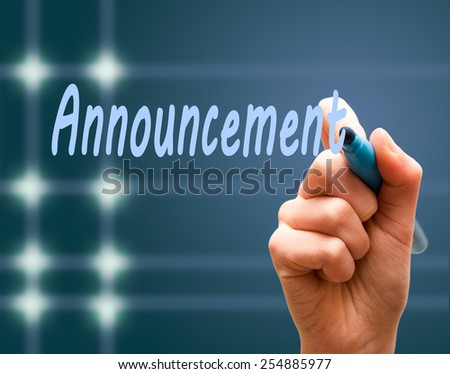 Hand writing with maker an announcement blue background