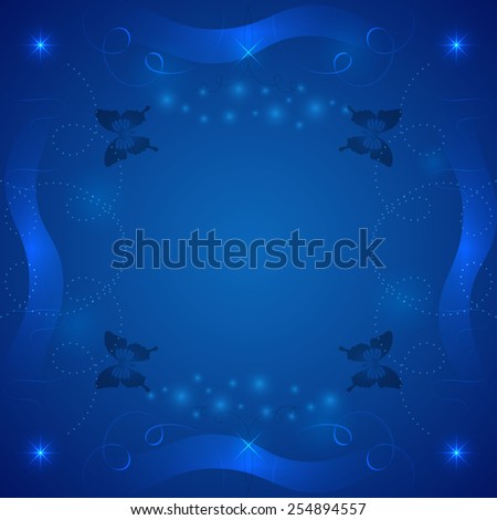 Blue abstract vector background with butterflies, waves and glowing elements