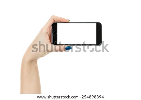 Woman showing smart phone in iphon 6 style with isolated screen, isolated on white