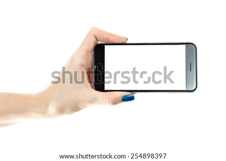 Woman showing smart phone in iphon 6 style with isolated screen, isolated on white
