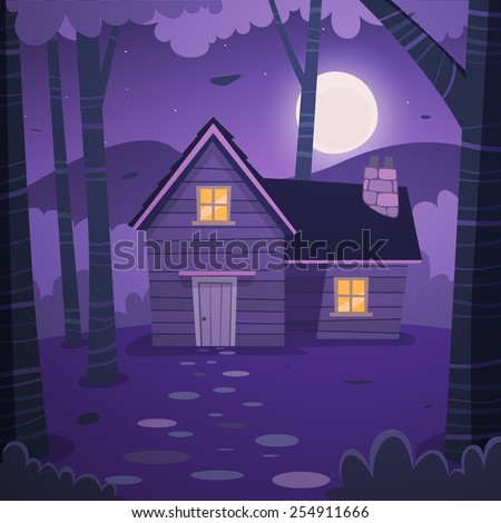 Cartoon illustration of the night forest landscape with wooden cabin.