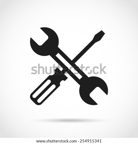 Crossed black and white wrench and screwdriver logo design elements.Creative customize,development, repair concept.Great quality vector illustration.Isolated on trendy radial gradient white background Royalty-Free Stock Photo #254915341