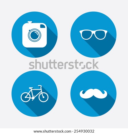 Hipster photo camera with mustache icon. Glasses symbol. Bicycle family vehicle sign. Circle concept web buttons. Vector