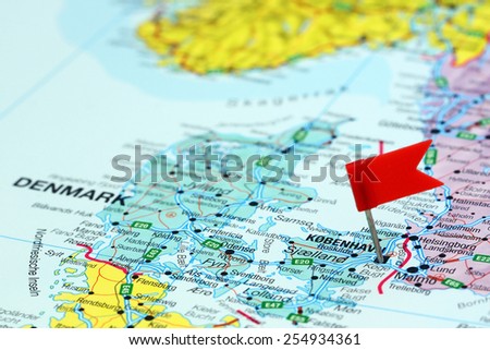 Copenhagen pinned on a map of europe
