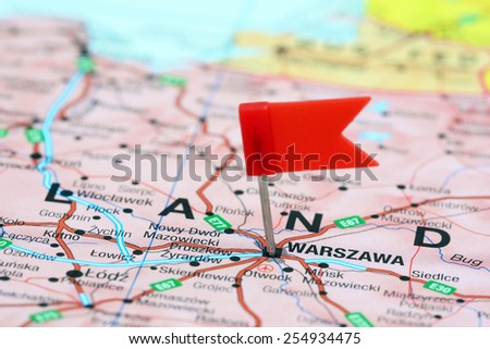 Warsaw pinned on a map of europe
