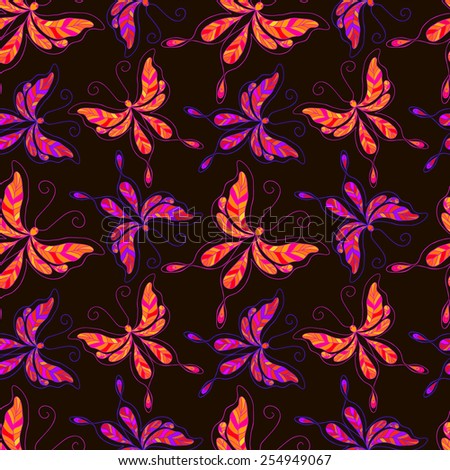 Seamless pattern with colorful butterflies on black background.