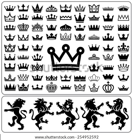 Set of crowns and lion rampant. Heraldry elements design collection. Vector illustration.