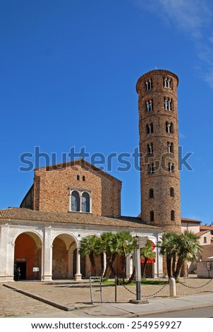Italy, Ravenna, Basilica of New Saint Apollinare with the round bell tower. 