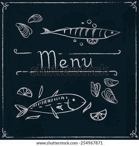 Hand drawn restaurant menu design with seafood on blackboard. Vector illustration
