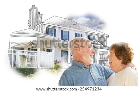 Happy Senior Couple Over House Drawing and Photo Combination on White.