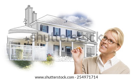 Woman with Pencil Over House Drawing and Photo Combination on White.