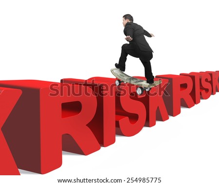Businessman skating on money skateboard across red risk 3D word with white background