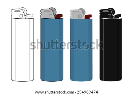 Disposable pocket gas lighters icons set. Contour, color, black silhouette. Vector clip art illustrations isolate on white 
