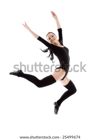 picture of jumping girl in black leotard over white