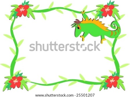Frame of Chameleon and Hibiscus Flowers Vector