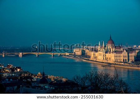 Hungarian parliament with Margaret bridge view in the evening in Budapest
