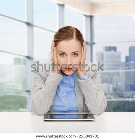 business, technology, people and crisis concept - businesswoman with tablet pc computer covering her ears over office window background