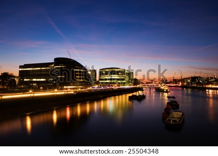 River Thames and the City of London at sunset.