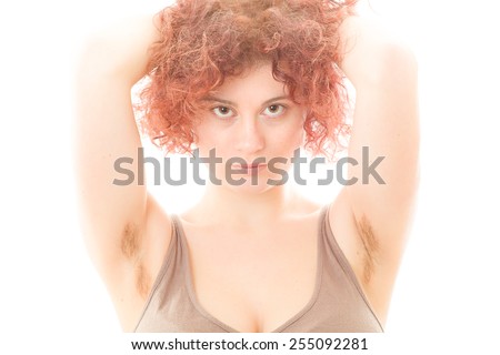 Pretty Woman with Hairy Armpits on White Background