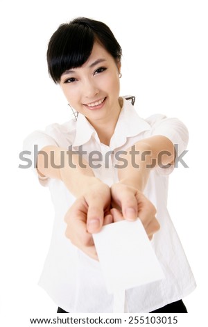 Cute business woman give you an blank white card.