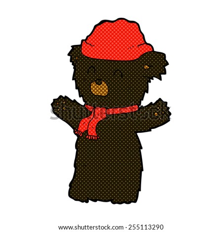 retro comic book style cartoon cute black bear in hat and scarf