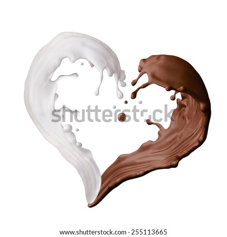 mixed milk and chocolate liquid splash, heart shape splashing, 3d illustration isolated on white
