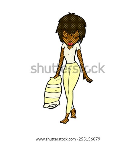 retro comic book style cartoon tired woman going to bed