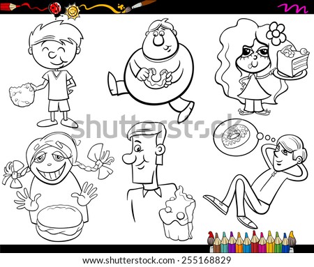 Coloring Book Cartoon Vector Illustration of  Set of Children and Teens with Sweet Cakes or Cookies Set
