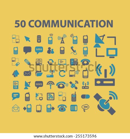 50 communication, phone, mobile, connection, network flat isolated concept design icons, symbols, illustrations on background for web and applications, vector