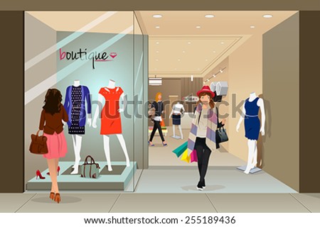 A vector illustration of stylish woman shopping in a mall