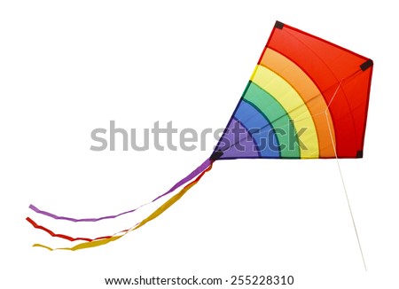 Small Flying Rainbow Kite Isolated on a White Background. Royalty-Free Stock Photo #255228310