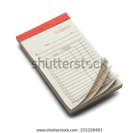 Blank Red Receipt Pad with Curled Edge Isolated on a White Background. Royalty-Free Stock Photo #255228481